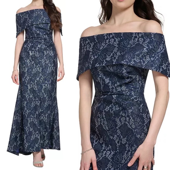 VINCE CAMUTO
Women's Off-The-Shoulder
Sequin Lace Column Gown size 8 blue silver - Picture 1 of 12
